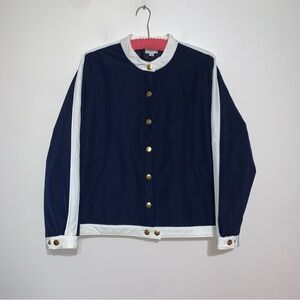 Crown & Ivy navy blue and white jacket is a polyester, snap-front bomber Large